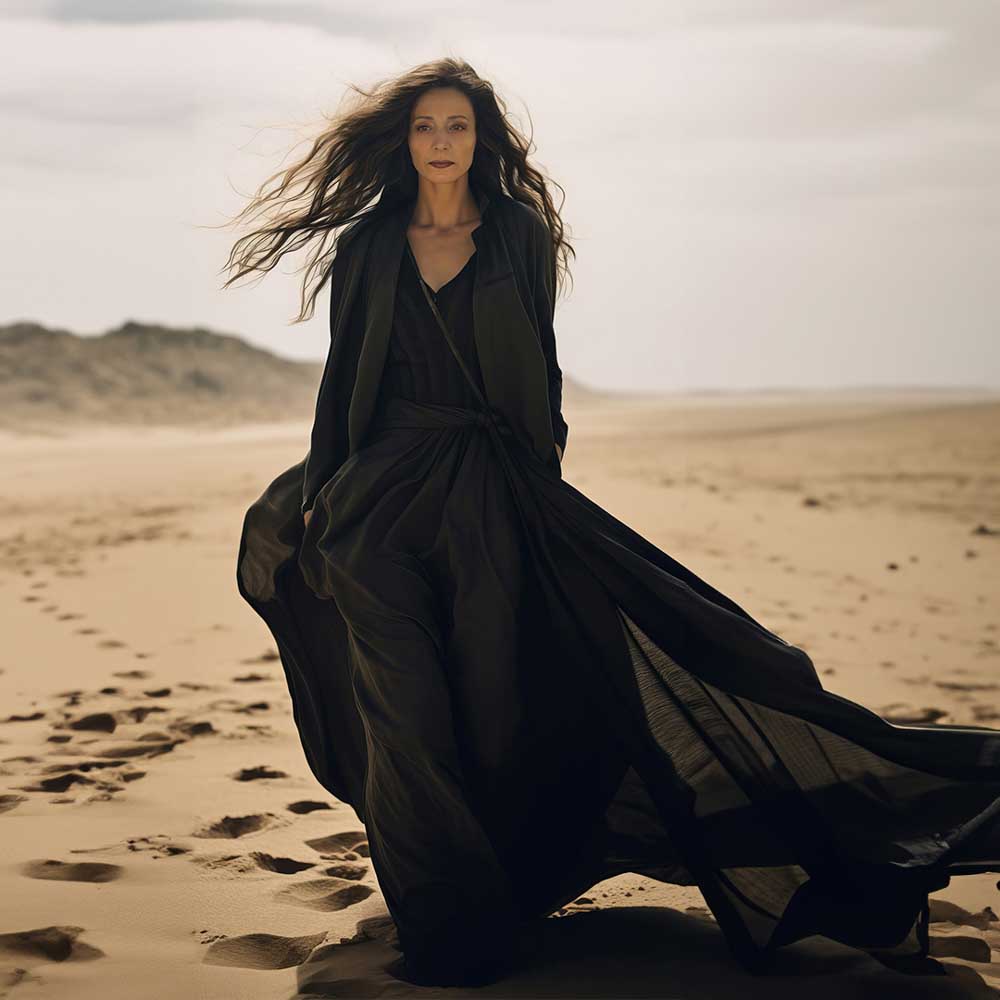 Voorstellingsbeeld van Isabelle Beernaert: 'Elegante vrouw in een lange, zwierige zwarte jurk die statig staat op een zanderig strand met haar haar wapperend in de wind.
