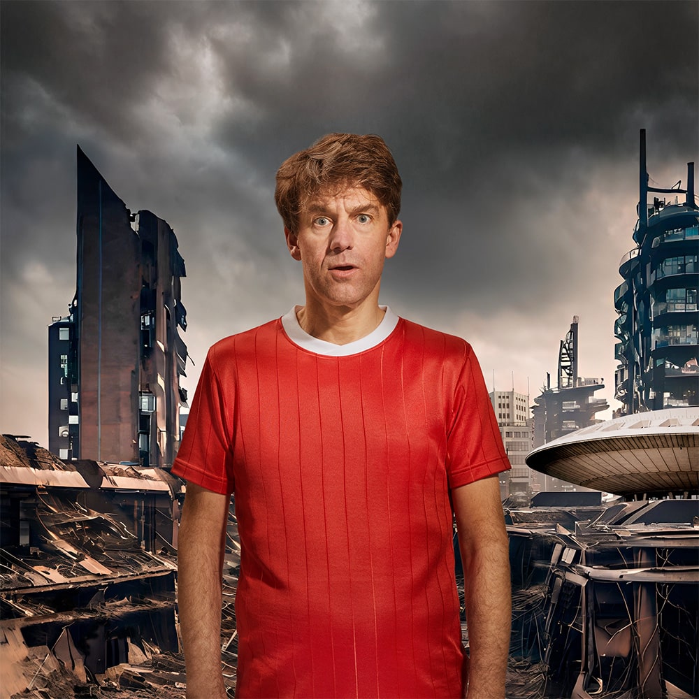 Voorstellingsbeeld van Remko Vrijdag: 'Verbaasde man in een rood voetbalshirt tegen een stedelijke achtergrond met donkere wolken’.
