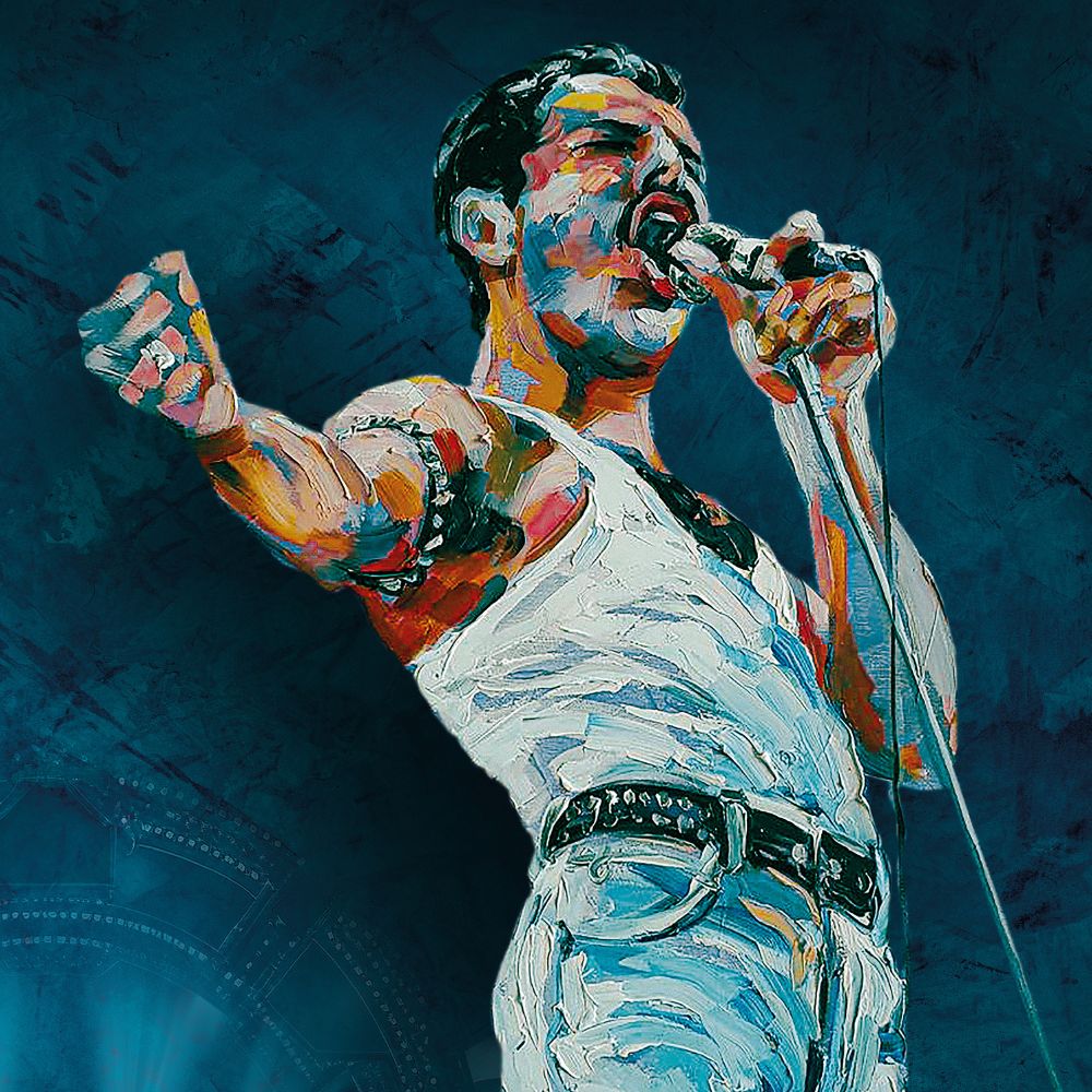 Voorstellingsbeeld van Freddy Mercury Story: kleurrijk geschilderd portret van zanger tijdens optreden, met dynamische pose en microfoon in zijn hand.