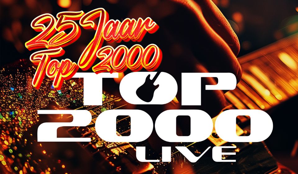 Voorstellingsbeeld van: Promotieafbeelding voor '25 Jaar Top 2000 LIVE' met close-up van gitaristenhand en feestelijke verlichting.