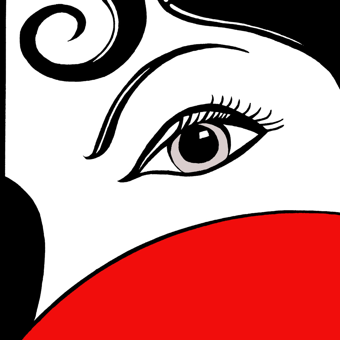 Illustratie van Carmen met zwarte krullen, fel oog en rode vorm die een waaier voorstelt.