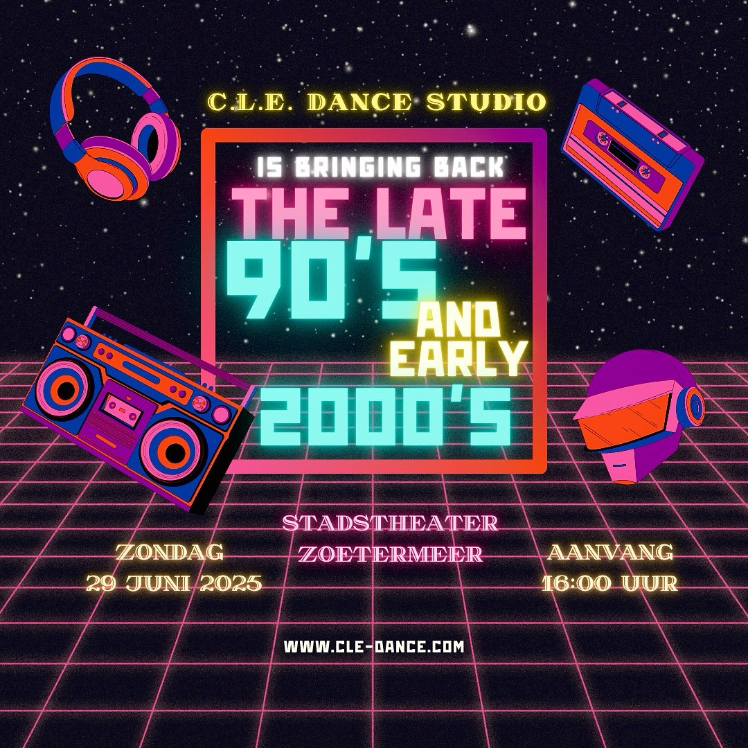 Neonposter met retro elementen en tekst over 90’s en 2000’s dansvoorstelling.