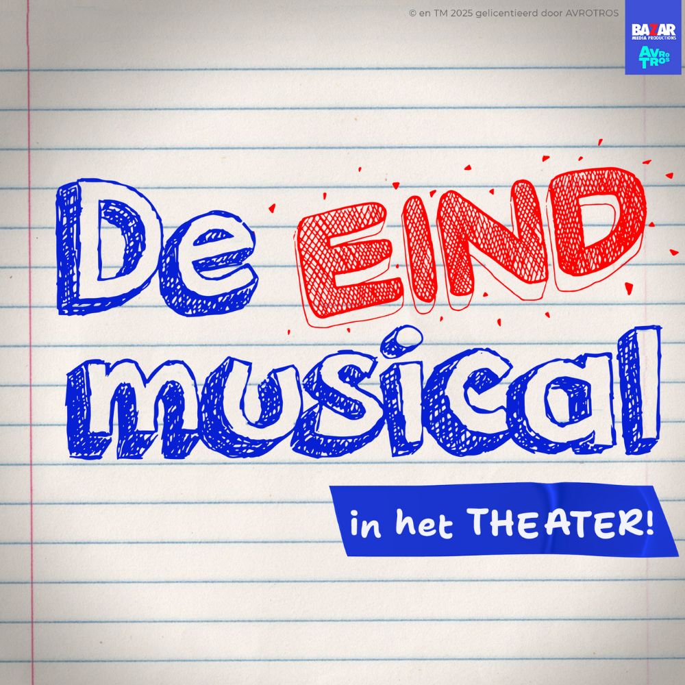 Getekende letters spellen “De EINDmusical” op gelinieerd papier.