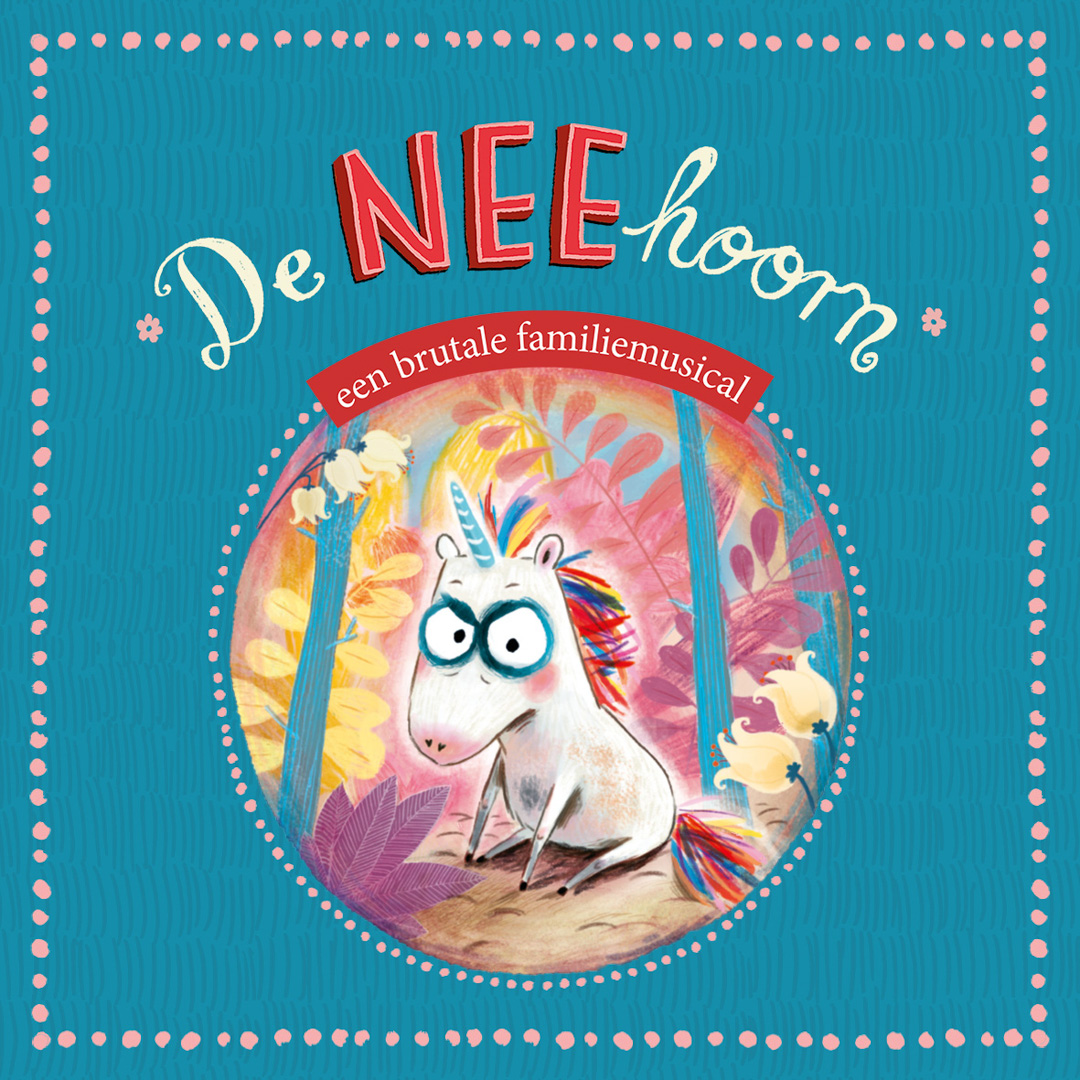 Illustratie van de NEEhoorn met boze blik in een sprookjesachtige jungle.