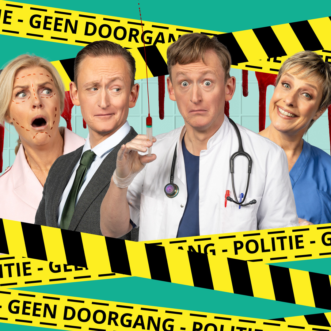 Dokter Joey Schalker kijkt verbaasd met een spuit in zijn hand, zijn tweelingbroer Hector kijkt achterdochtig, terwijl de cliënt geschrokken kijkt en Valerie blijdschap uitstraalt met haar glimlach.