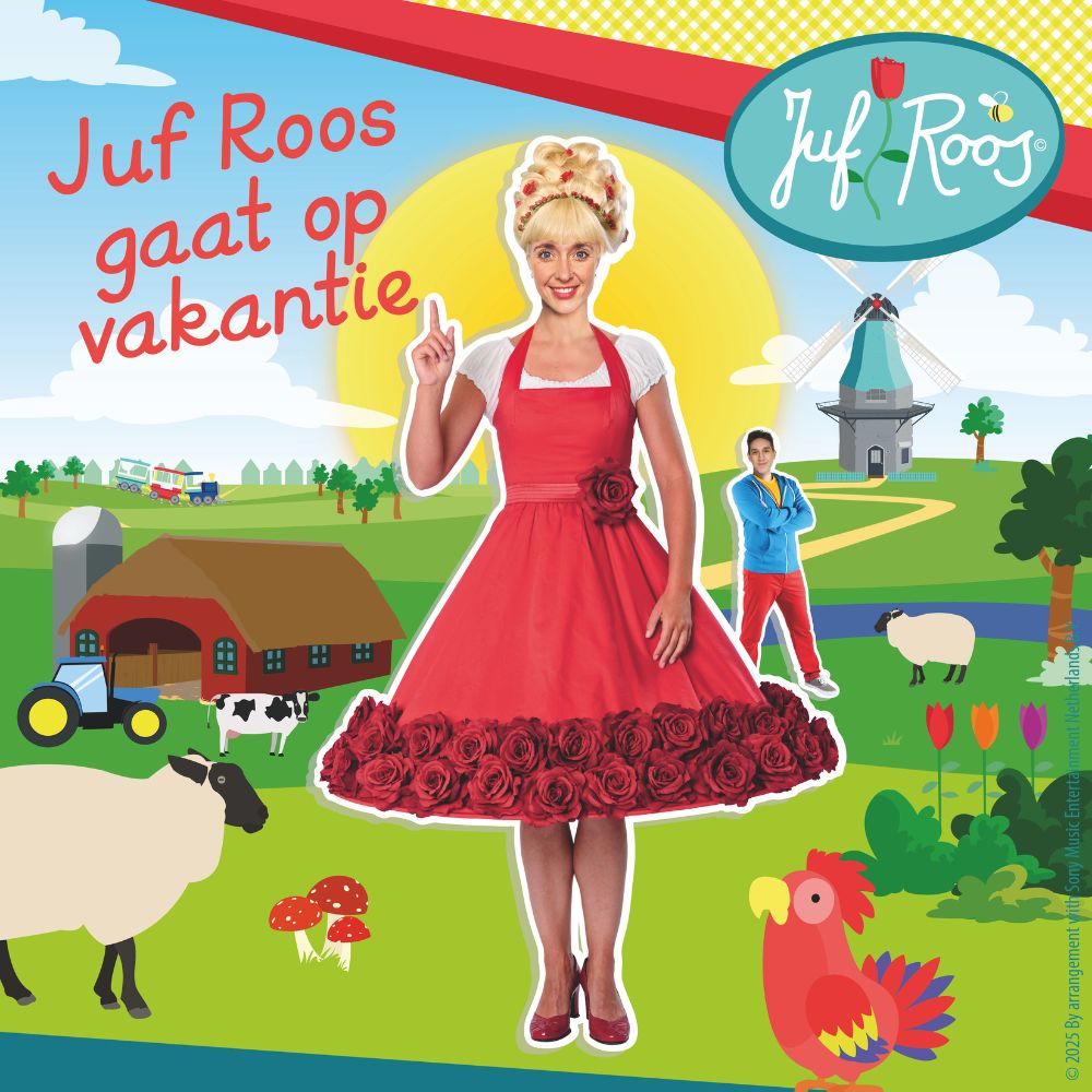 Juf Roos in rode jurk wijst omhoog in kleurrijk landschap met boerderij.