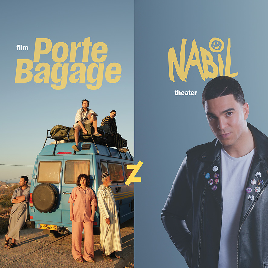 Opgesplitst beeld met rechts Nabil die recht in de camera kijkt, met een leren jas aan met buttons erop. Nabil poseert voor een lichtblauwe achtergrond. Links poseren de castleden van Porte Bagage op, voor en naast een blauwe camper.