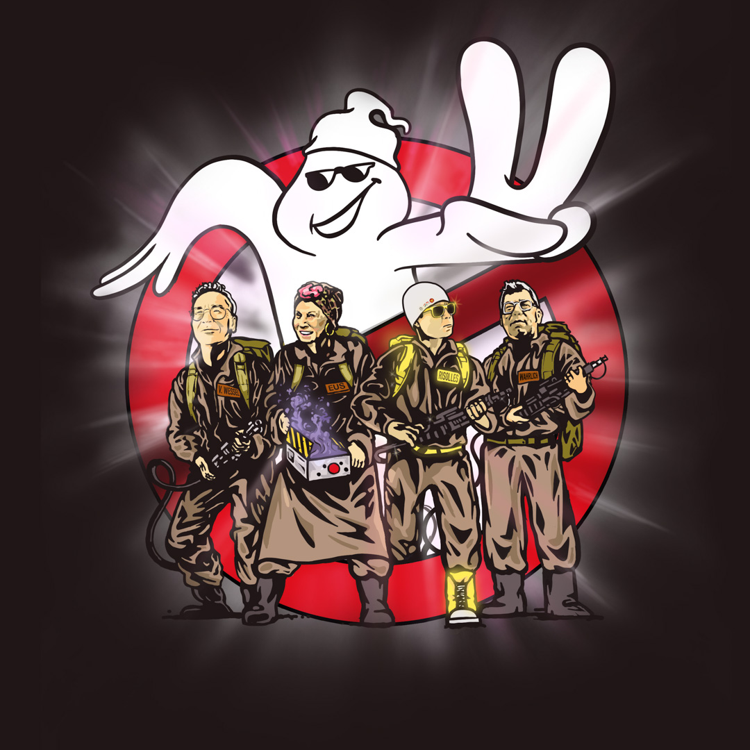 Illustratie Ricky Risolles en Tante Eus in Ghostbusters-outfit poseren voor groot wit spook met zonnebril.