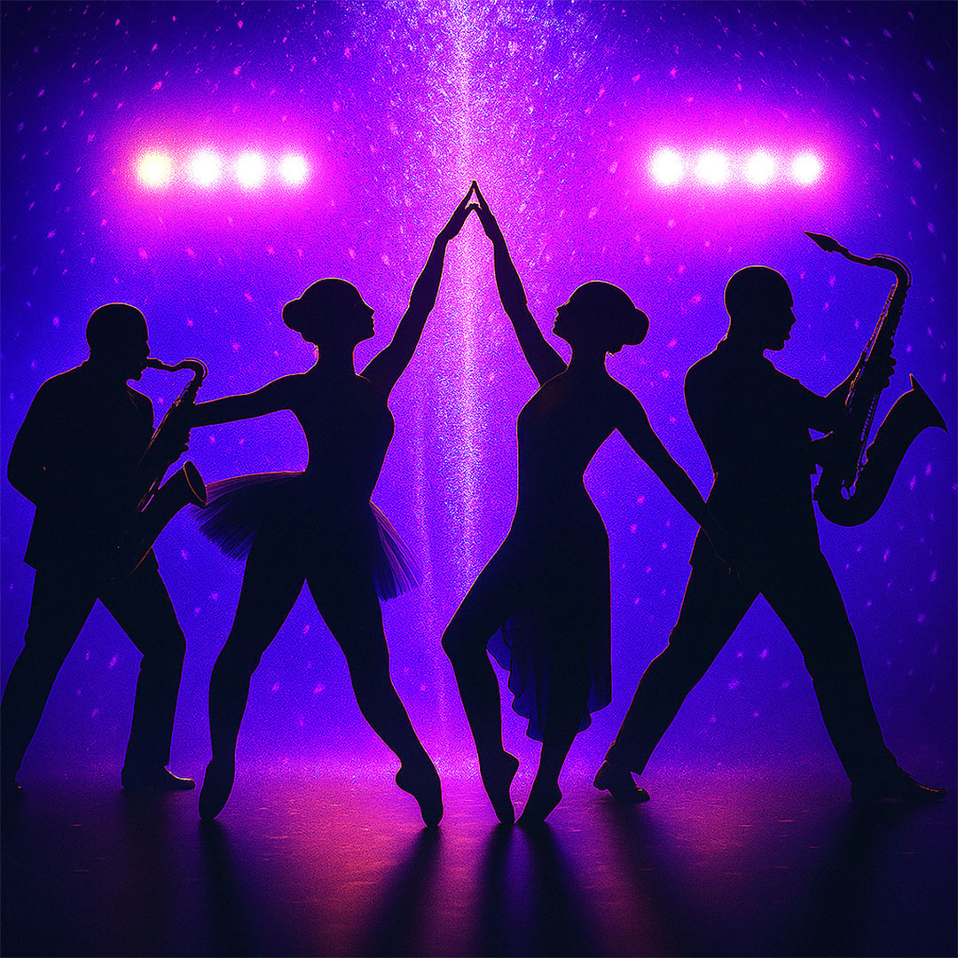 Twee dansers raken elkaars handen aan, omringd door saxofonisten in paars theaterlicht.
