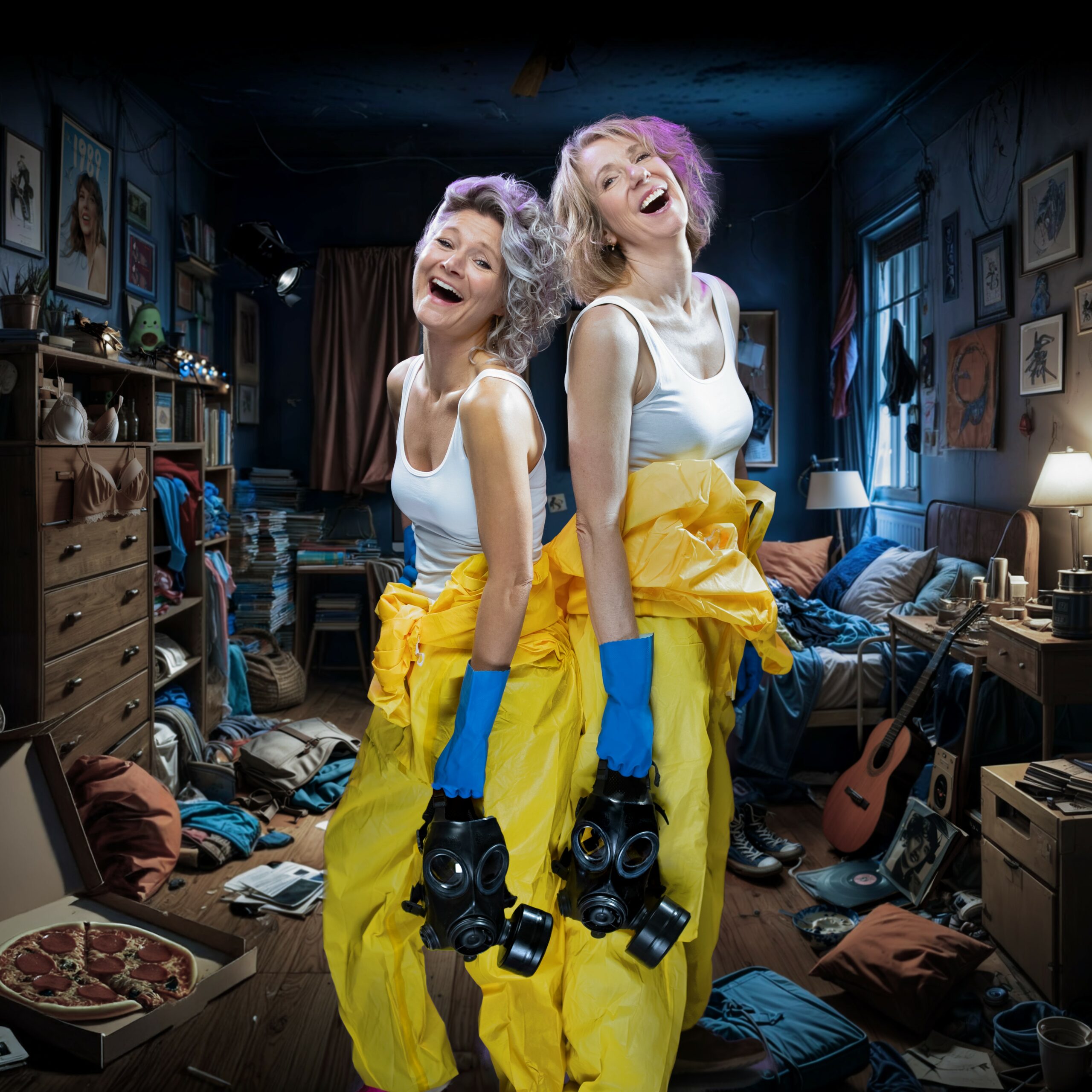 Hanneke en Dianne in gele pakken en blauwe handschoenen in een chaos van spullen