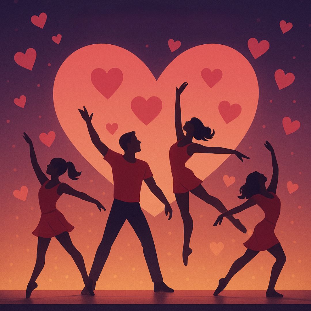 Vier dansers in rode outfits bewegen sierlijk voor een decor vol harten.