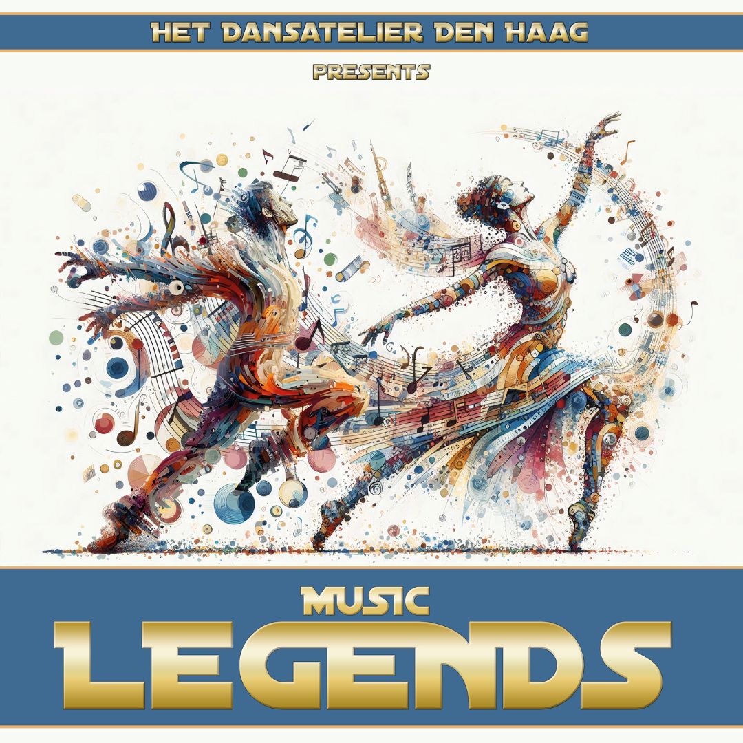 Abstracte figuren dansen tussen zwevende noten en kleurrijke lijnen.