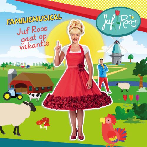 Juf Roos in rode jurk wijst omhoog met boerderij, molen en dieren op de achtergrond.