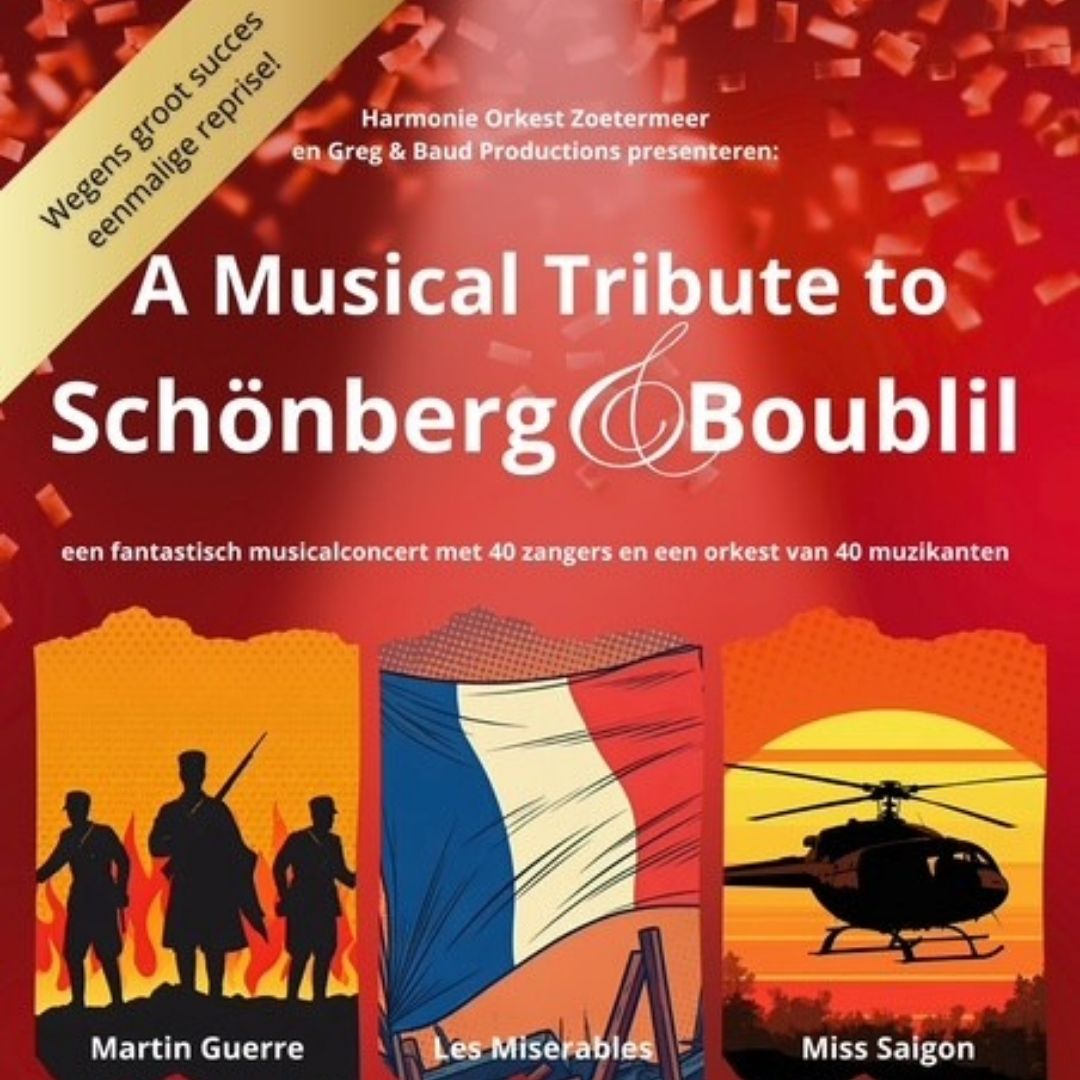 Concertposter met titel, Franse vlag en scènes uit Martin Guerre, Les Misérables en Miss Saigon.