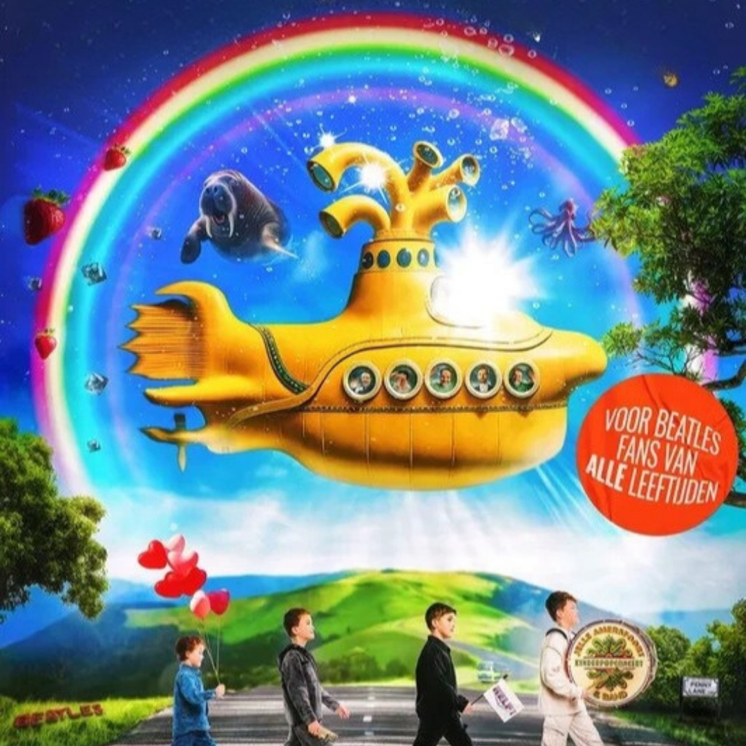 Je ziet De gele duikmachine met Beatles-knipoog: jongens lopen Abbey Road, gele onderzeeër zweeft erboven.