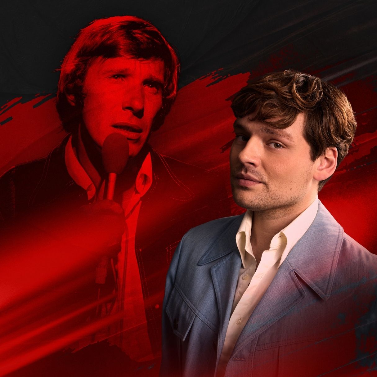 Jonge man in blauw colbert naast een rood getinte archieffoto van Frans Halsema.