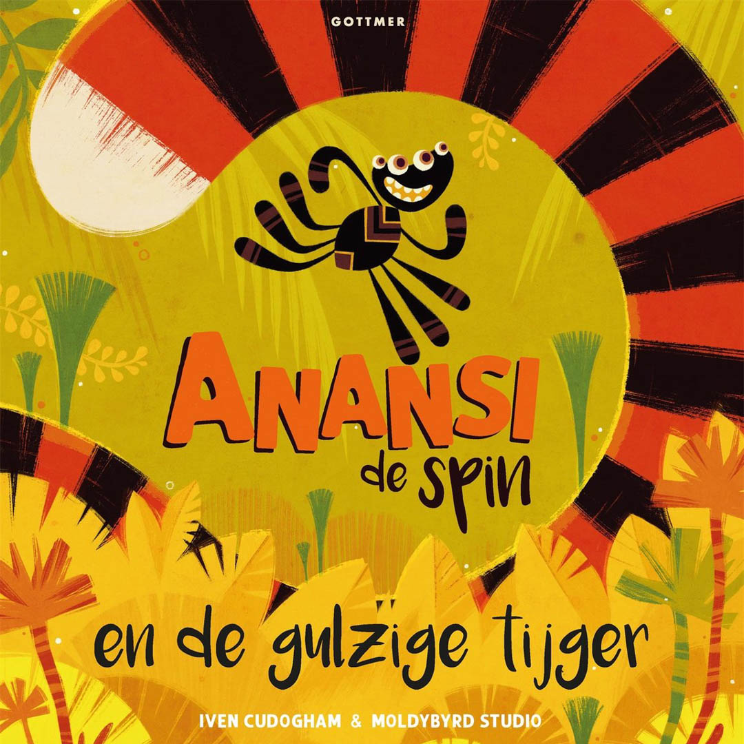 Illustratie van Anansi de spin op gele zon voor familievoorstelling Anansi en de gulzige tijger.