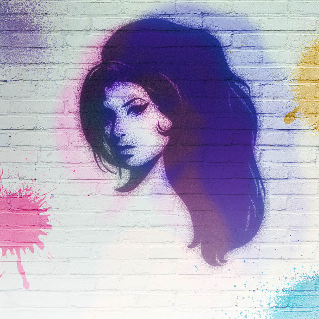 Graffiti portret van Amy Winehouse op witte muur in Back to Black Amy Winehouse Tribute.