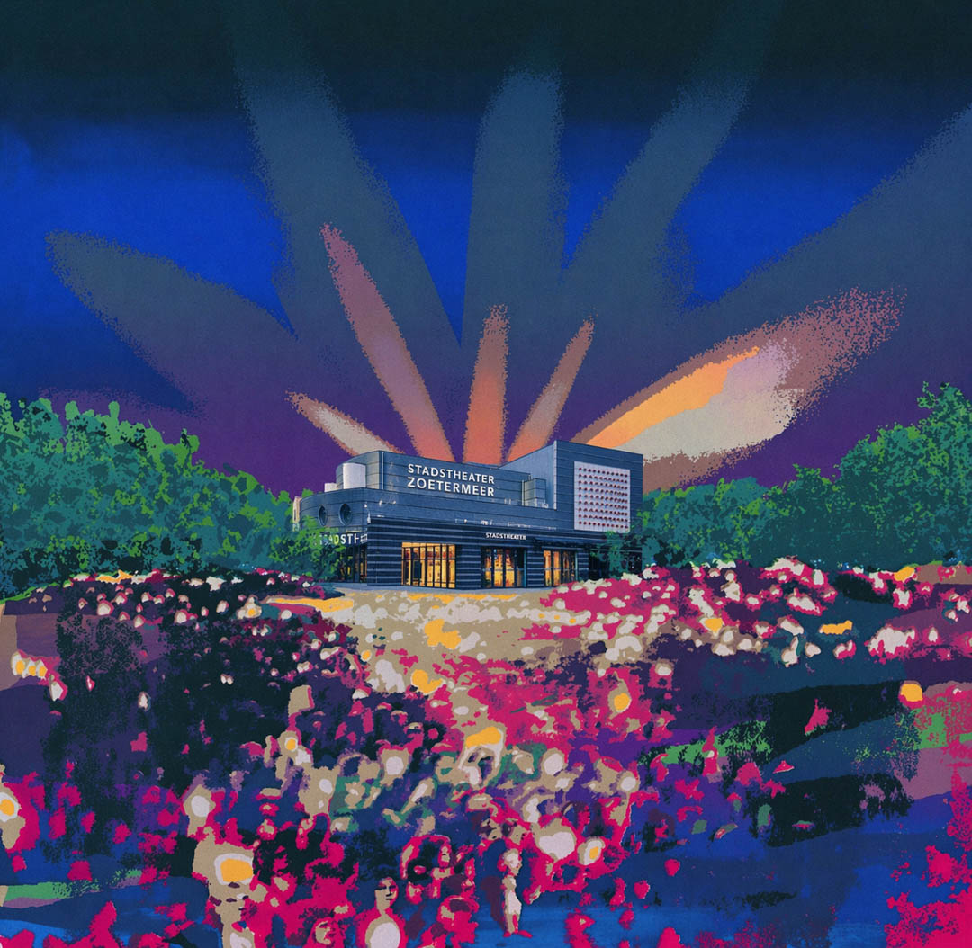 Stadstheater Zoetermeer straalt onder kleurrijke lichtbundels in stijl van Supertramp album.