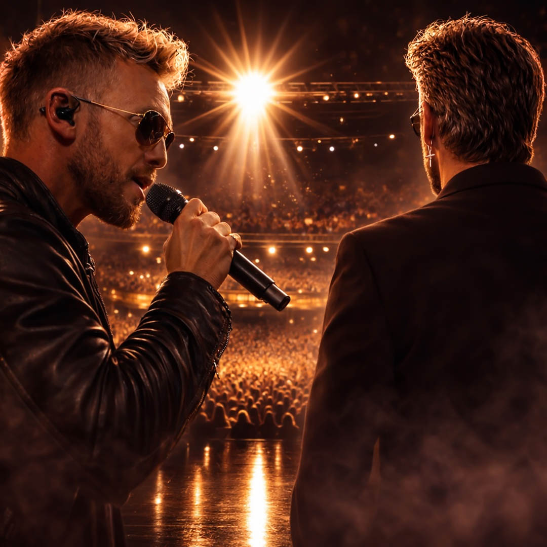 Charly Luske zingt met microfoon tegenover publiek in The Story of George Michael.