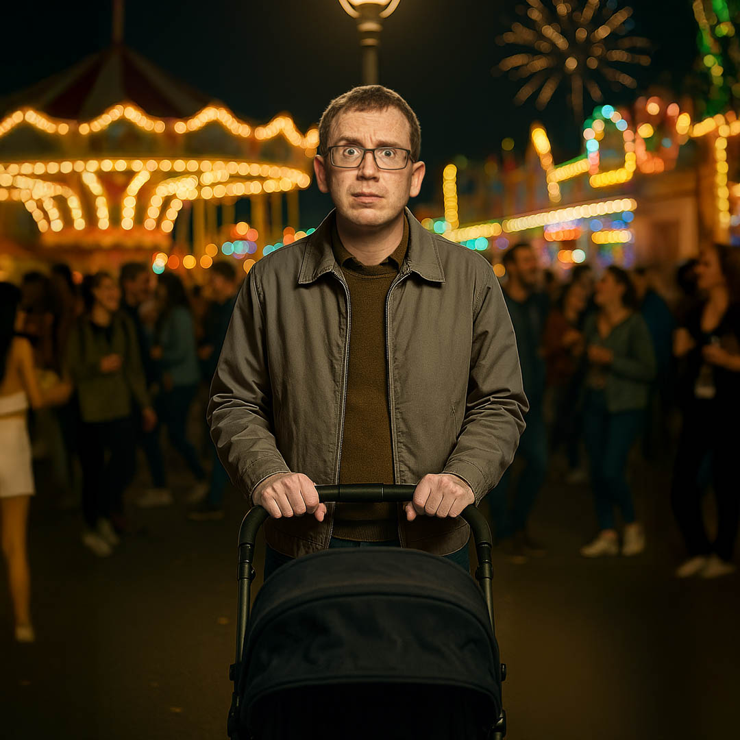 Chris Verlaan met kinderwagen op een kermis in cabaretvoorstelling Ach er komen geen kindjes van.