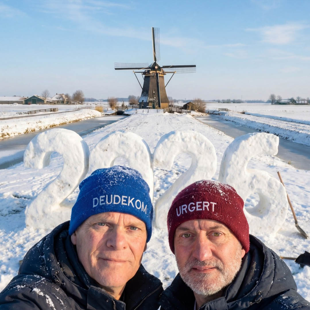 Twee mannen met mutsen voor besneeuwde molen in De grote oudejaarskwis 2026.