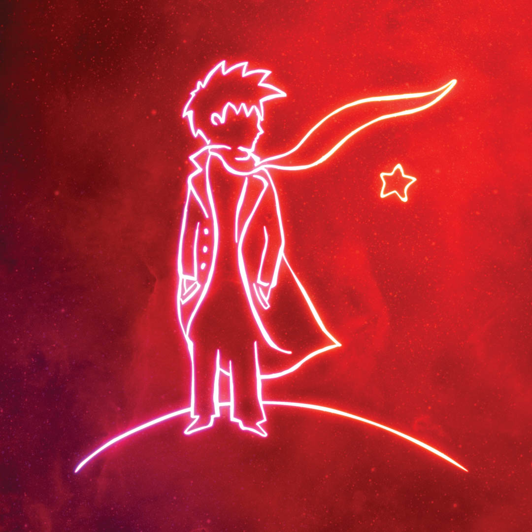 Neon tekening van De Kleine Prins met gele ster op rode achtergrond voor familievoorstelling.