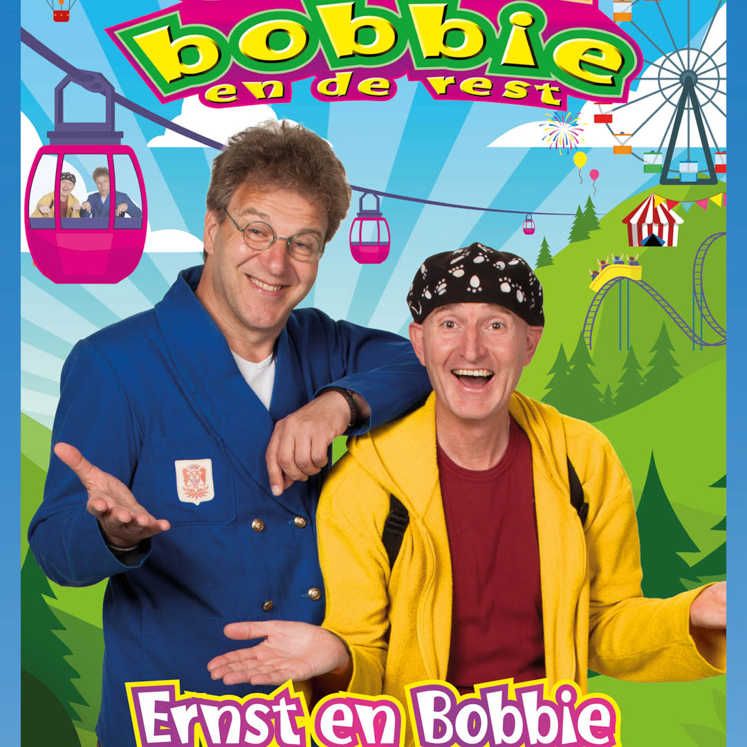 Ernst en Bobbie met kabelbaan op kleurrijke affiche van de familievoorstelling Hebben geen idee.