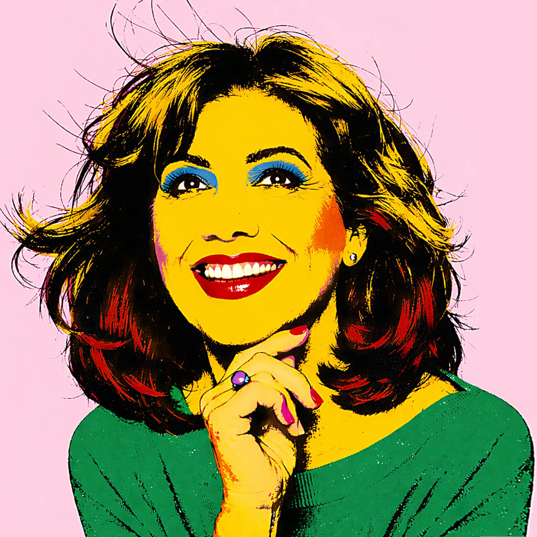 Portret van Janke Dekker in Mooie Dingen met kleurrijke popartstijl en brede glimlach.