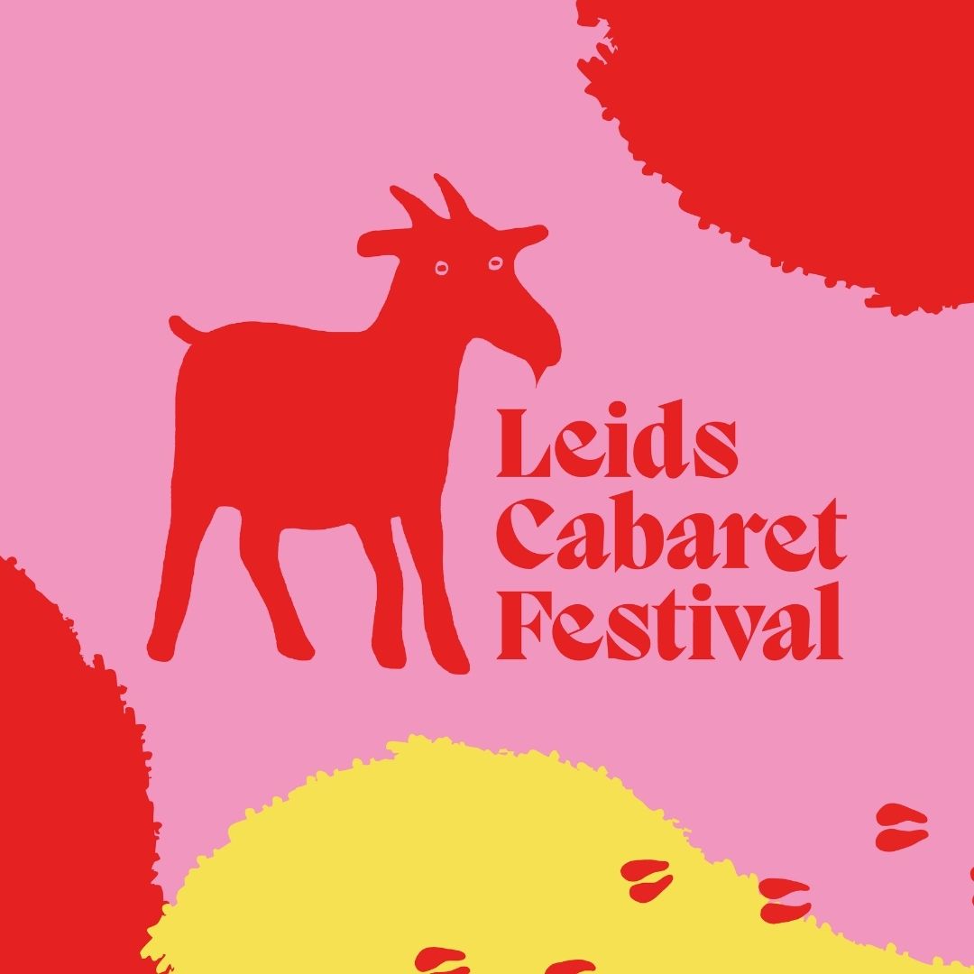 Minimalistische poster van Leids Cabaret Festival - Finalistentour met rode geit op roze vlak.