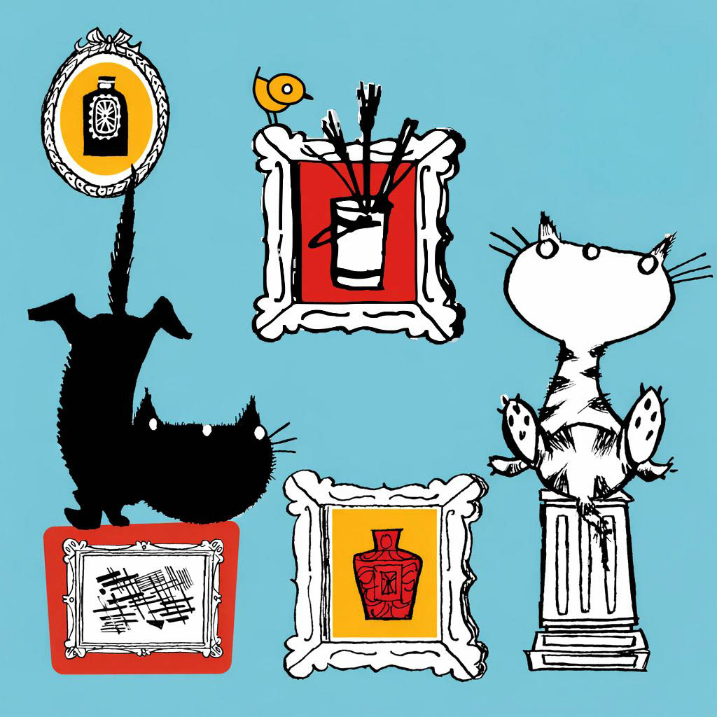 Pim & Pom toont getekende katten bij bonte lijstjes in vrolijk decor.