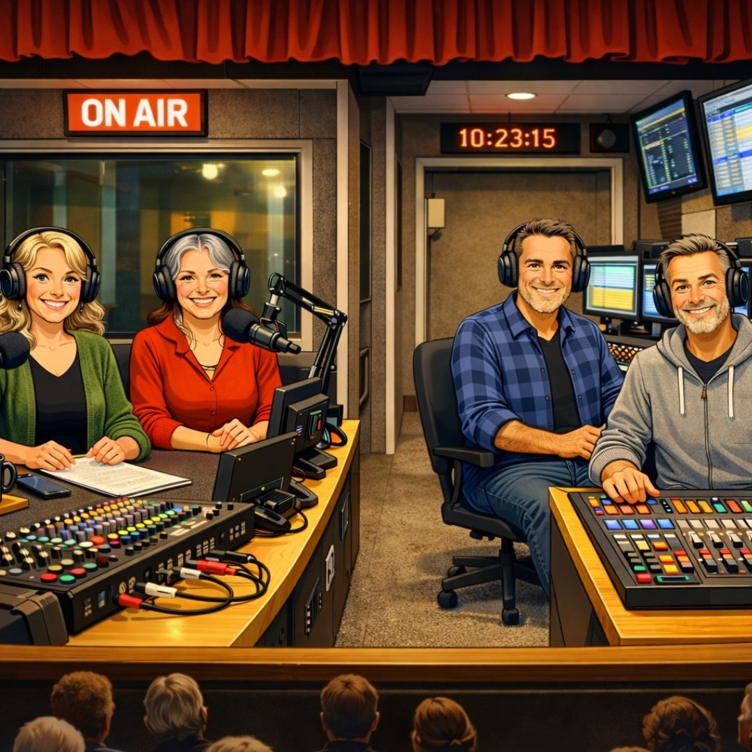 Vier radiomakers in een studio achter mengpanels met koptelefoons op, twee vrouwen links, twee mannen rechts.