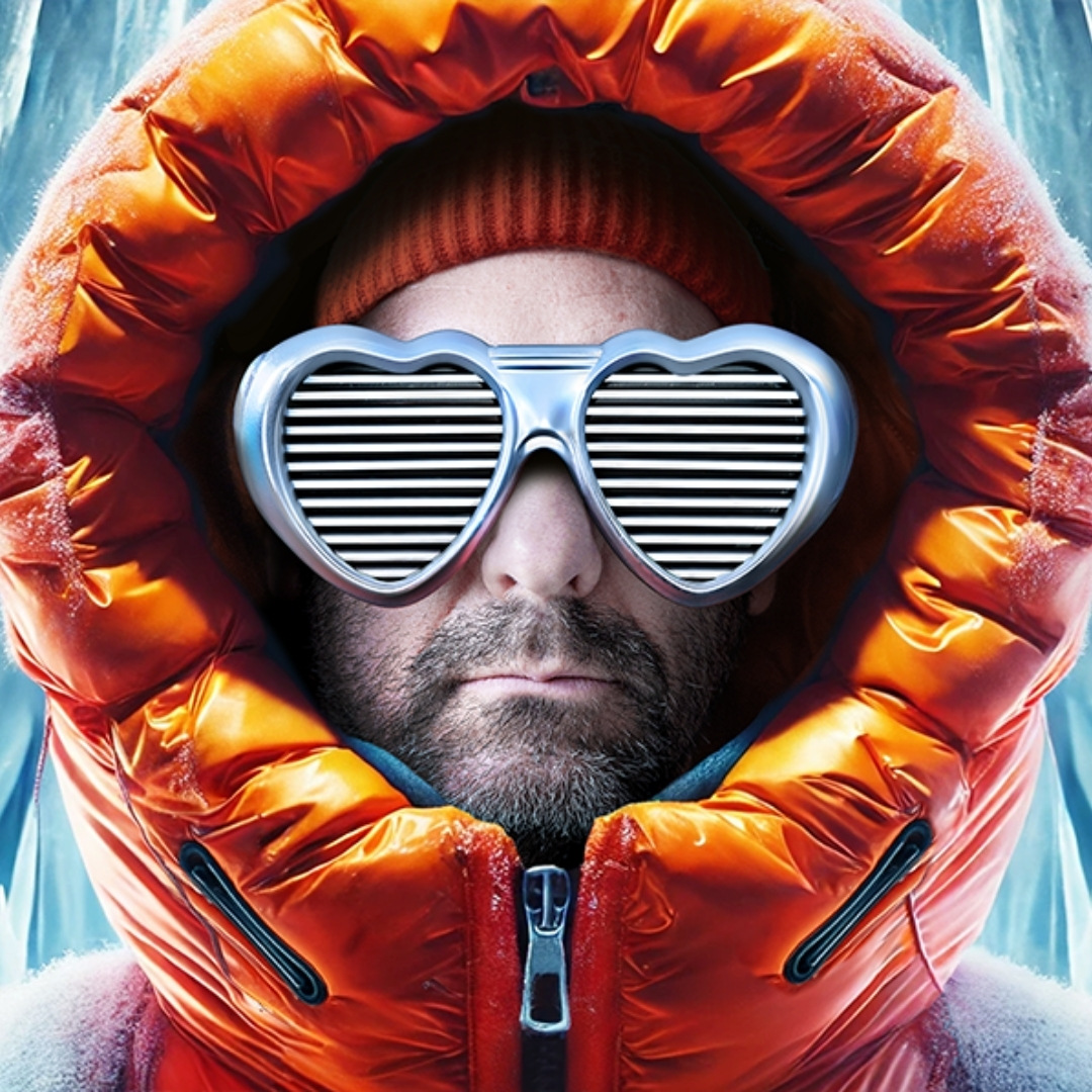 Ronald in een oranje skipak voor een ijsgebergte.