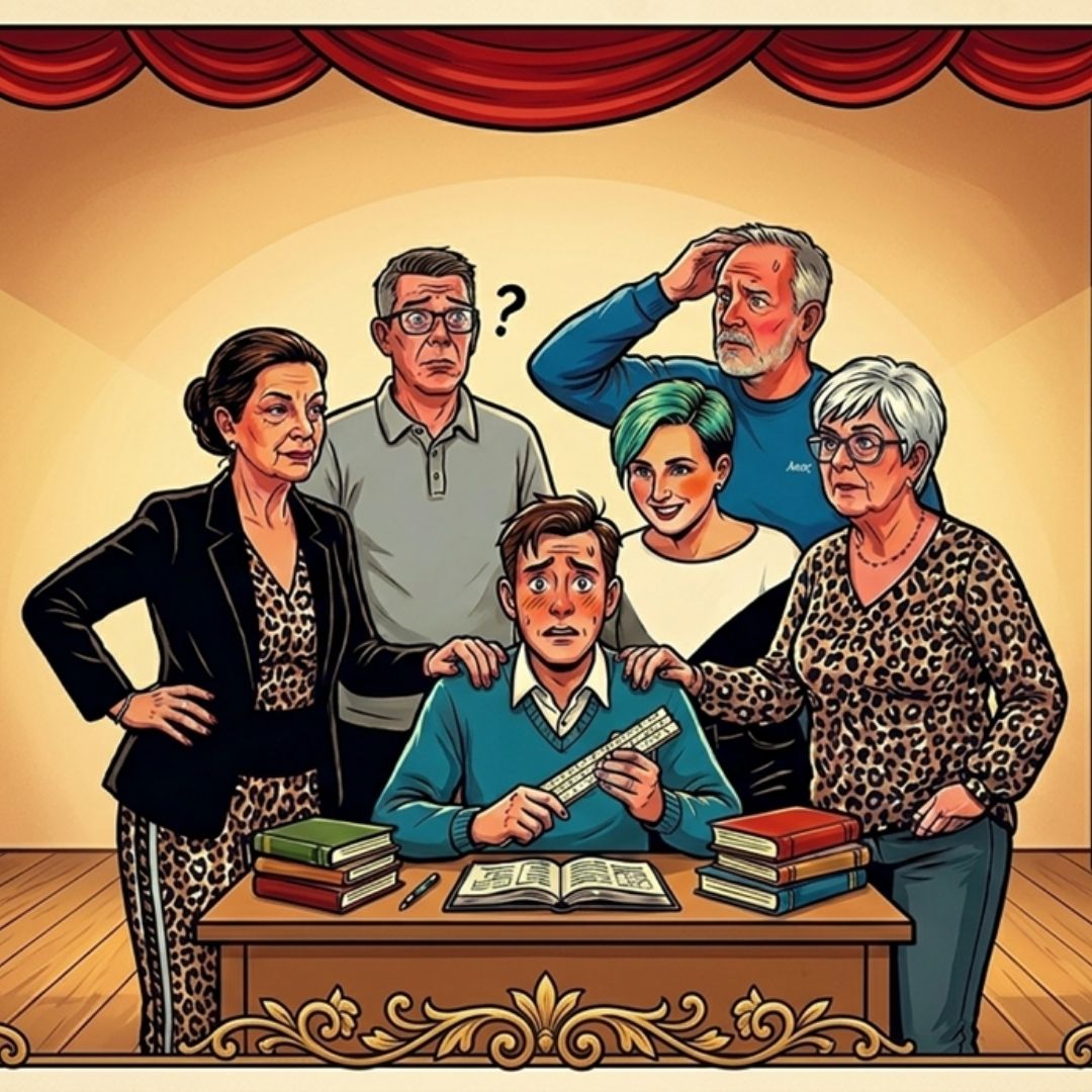 Familie buigt zich over studerende jongen in Laatbloeier op vrijersvoeten, onder warme spotlights.