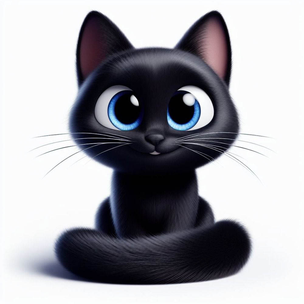 Schattige zwarte cartoonkat kijkt je aan met grote blauwe ogen.