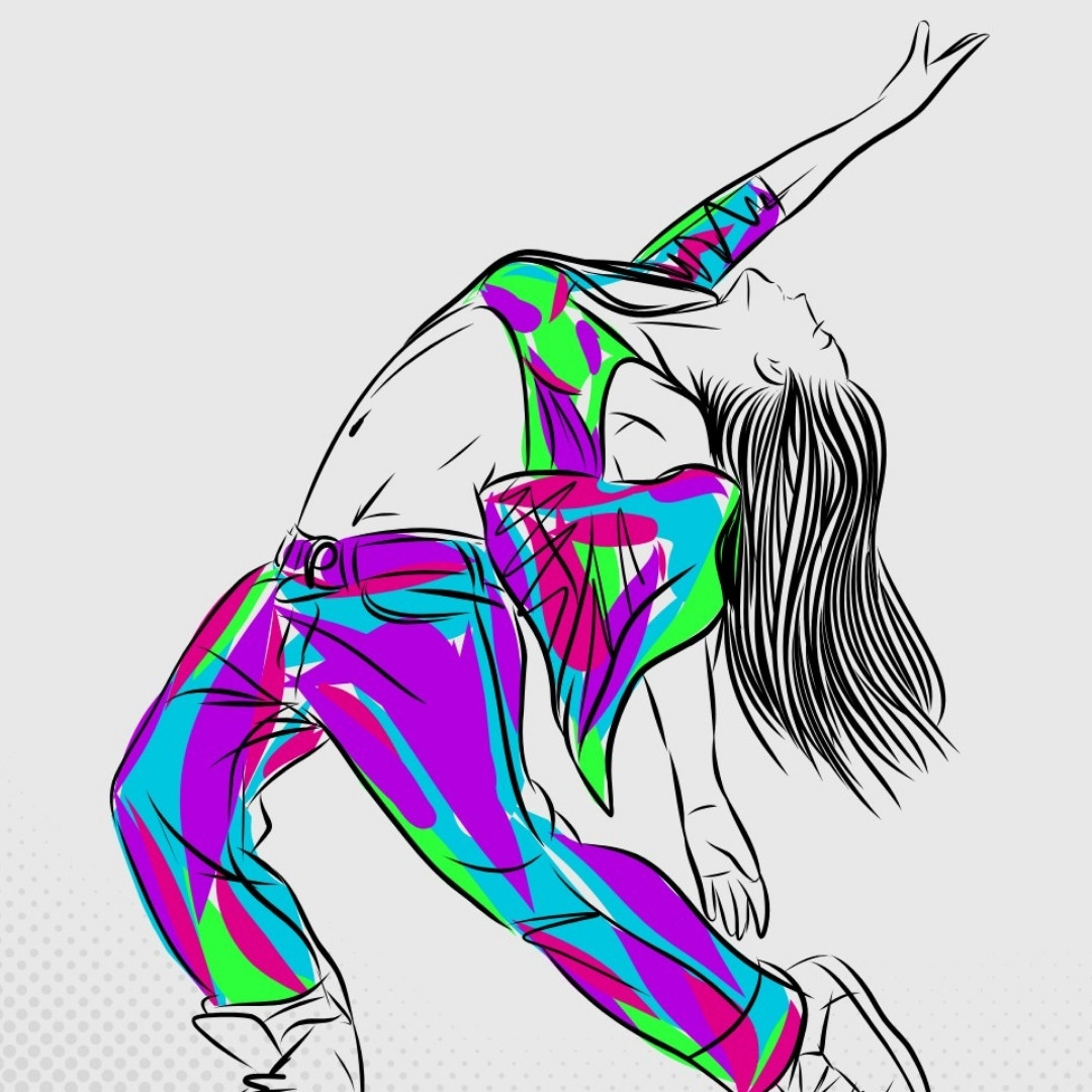 Danseres in lijnstijl illustratie buigt ver achterover, haar torso bedekt met felle vlekken in groen, roze en blauw.