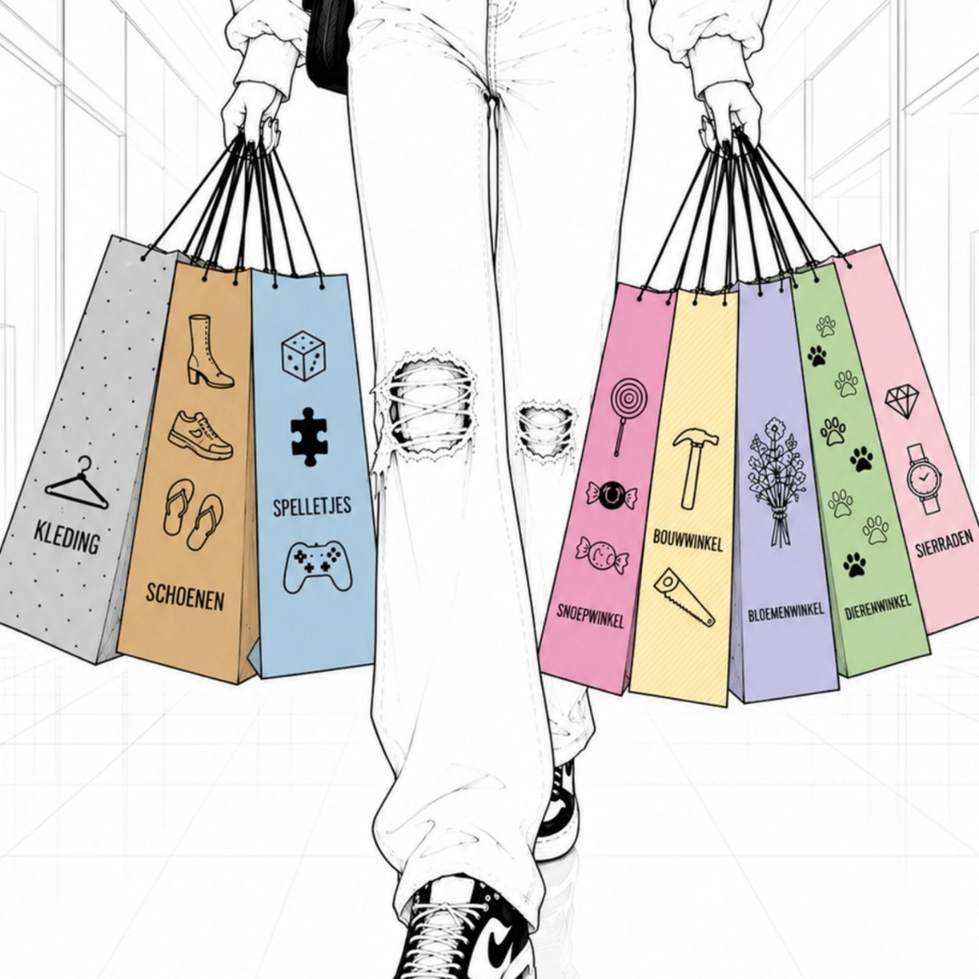 Persoon in witte jeans loopt met kleurrijke shoppingtassen waarop winkeltypes staan, zoals schoenen, spelletjes en snoep.