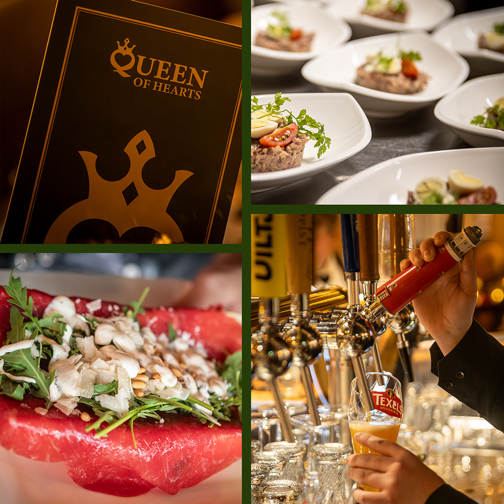 Sfeerbeelden van lekker eten, de kaart van Queen of Hearts en een biertje dat wordt getapt.