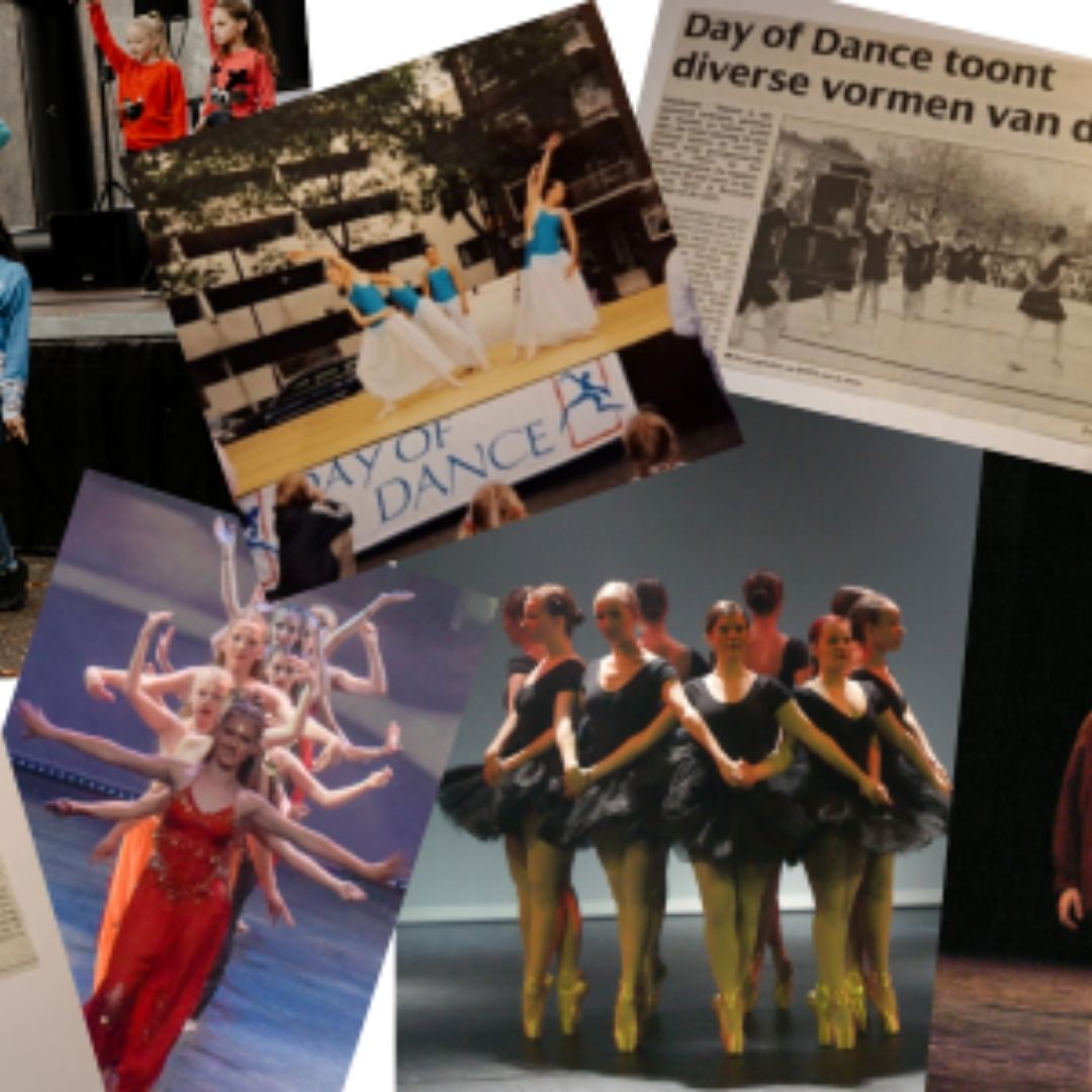 Collage van archiefbeelden van dansvereniging DOTO: krantenknipsels, groepsfoto's en optredens op podium en buiten.