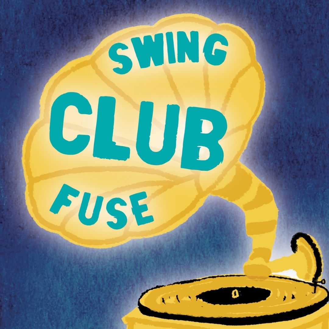 Illustratie van grammofoonplaat met Swing Club Fuse in blauwe letters.