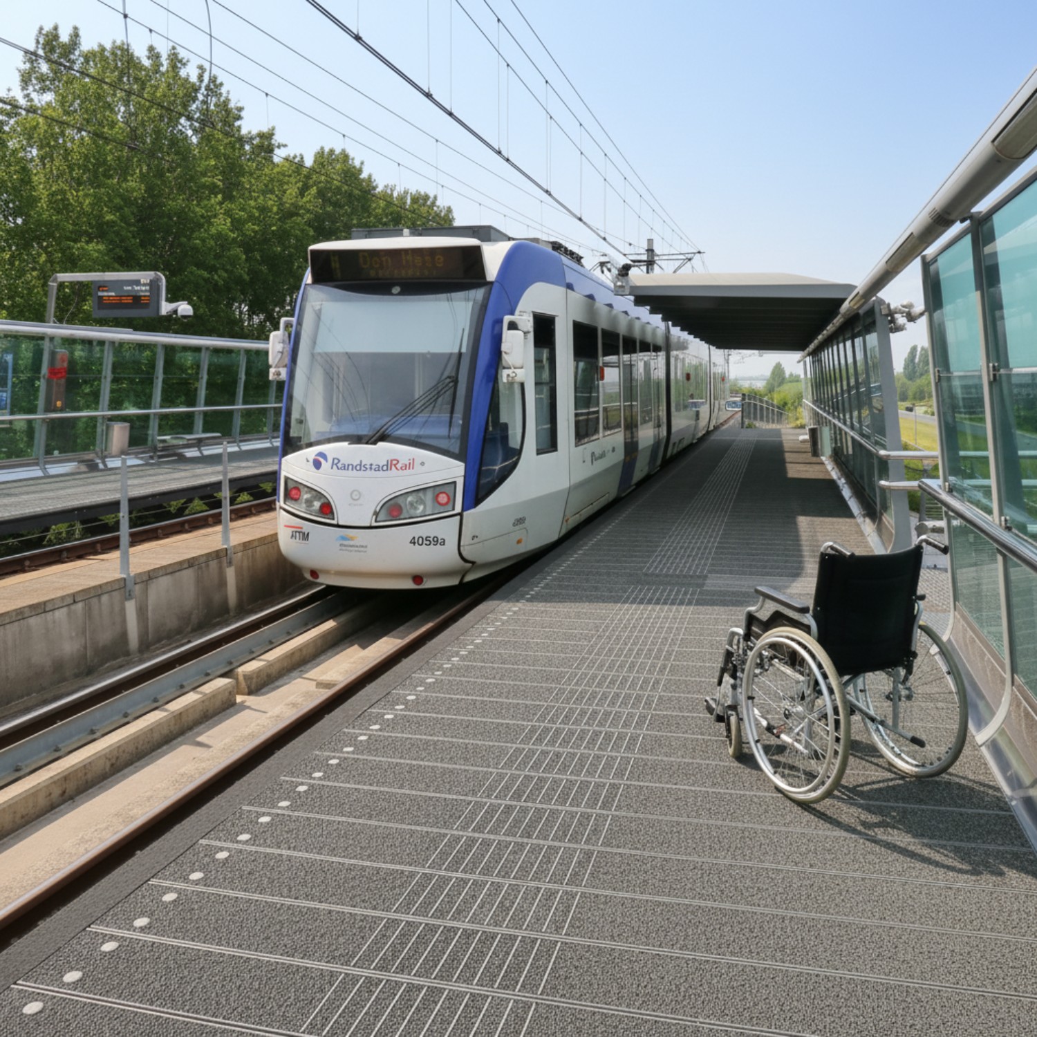 Een rolstoel met op de achtergrond een tram op een tramstation
