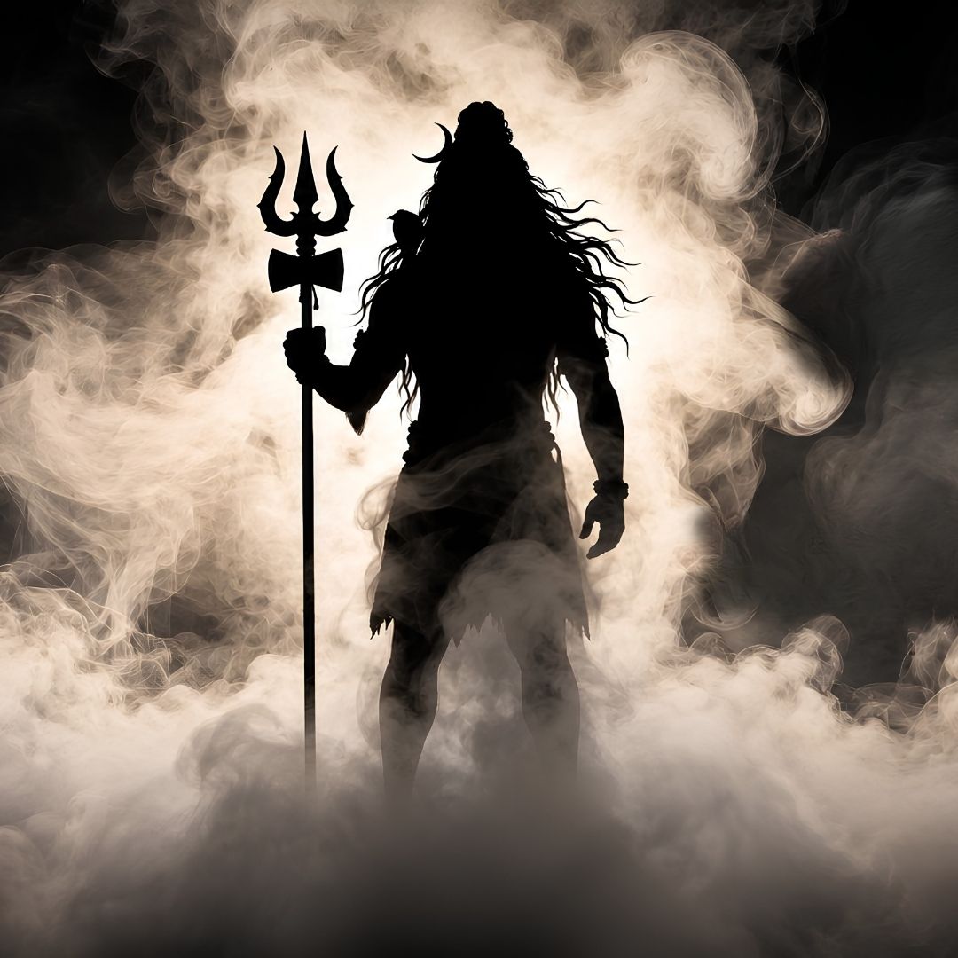 Silhouet van Shiva met halve maan in het haar houdt een drietand vast te midden van dikke rook.