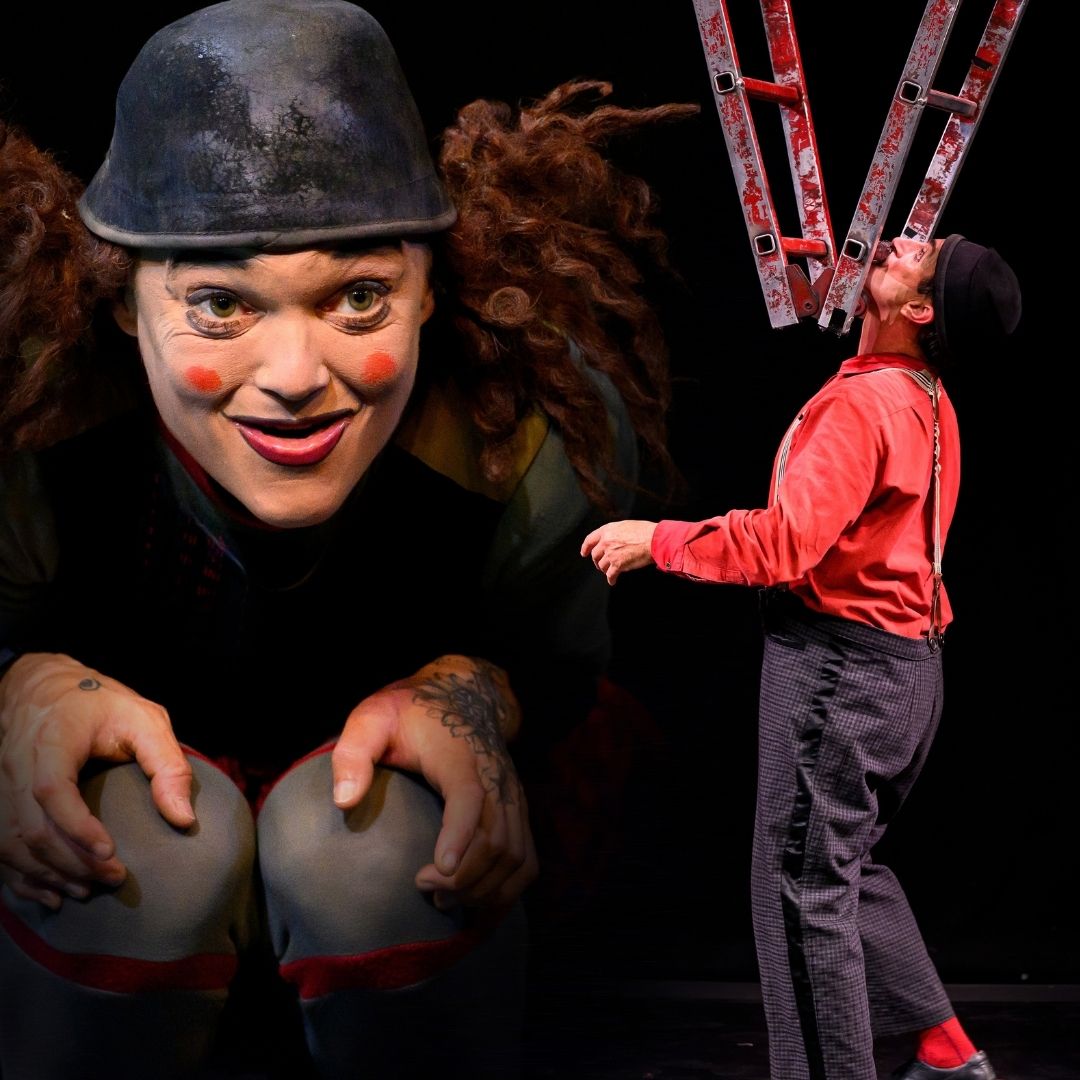 Artiesten van Oh Oh van Compagnia Baccalà spelen accordeon en balanceren met een ladder.