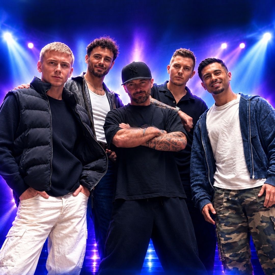 Vijf leden van The Next Street Boys staan naast elkaar en kijken in de camera